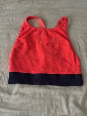 Fabletics Neon Coral Sports Bra with Navy Band